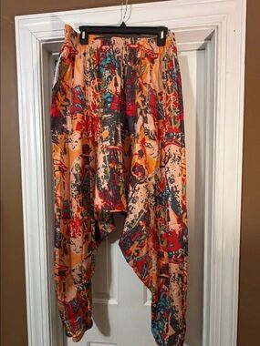 Bohemian Abstract Print Drop-Crotch Pants Peach Multicolor